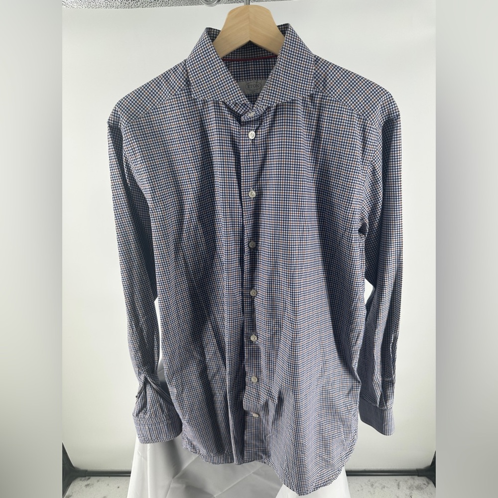 Eton blue white brown gingham plaid button up shirt